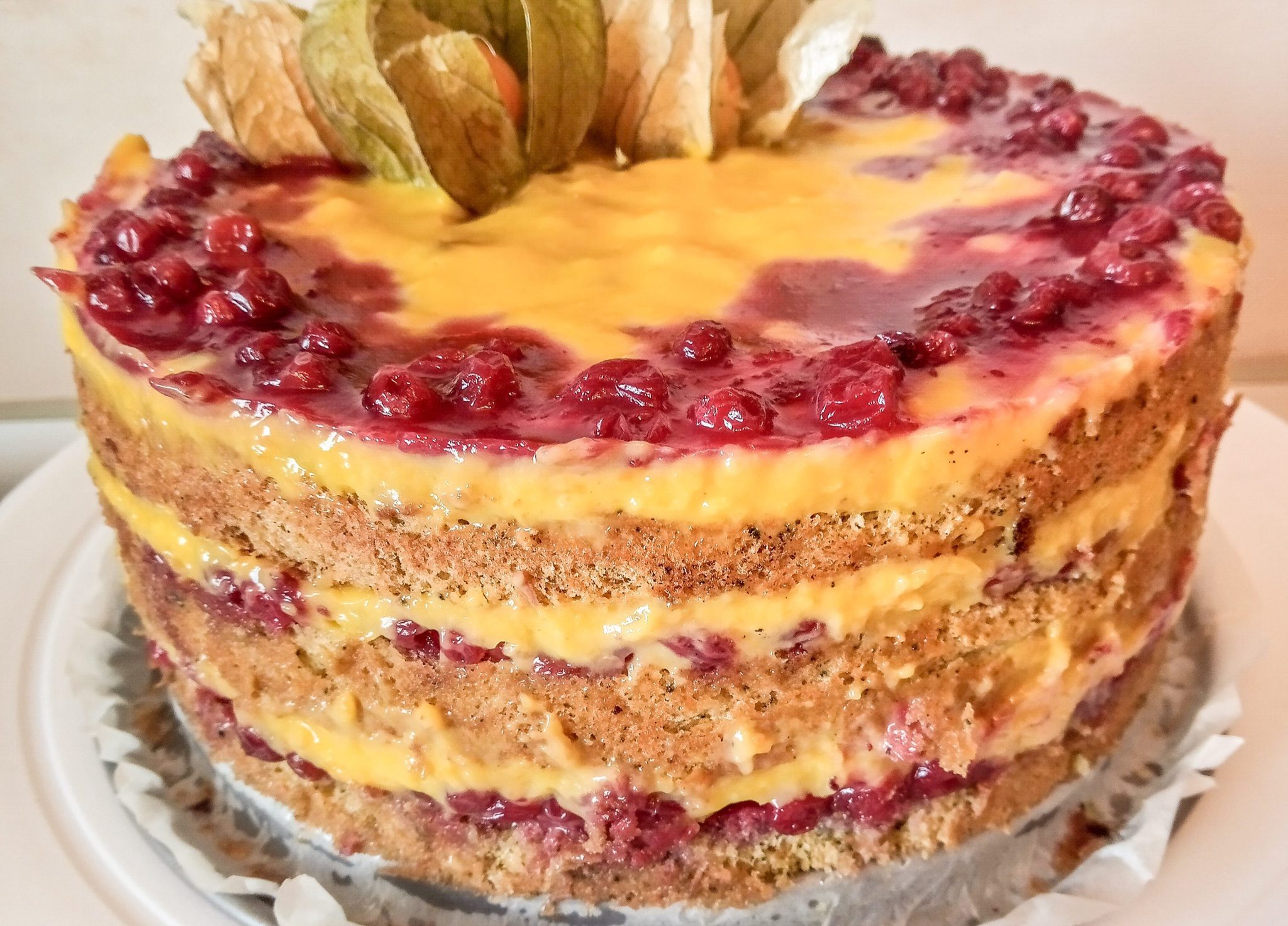Tort cu crema de mango si jeleu de merisoare